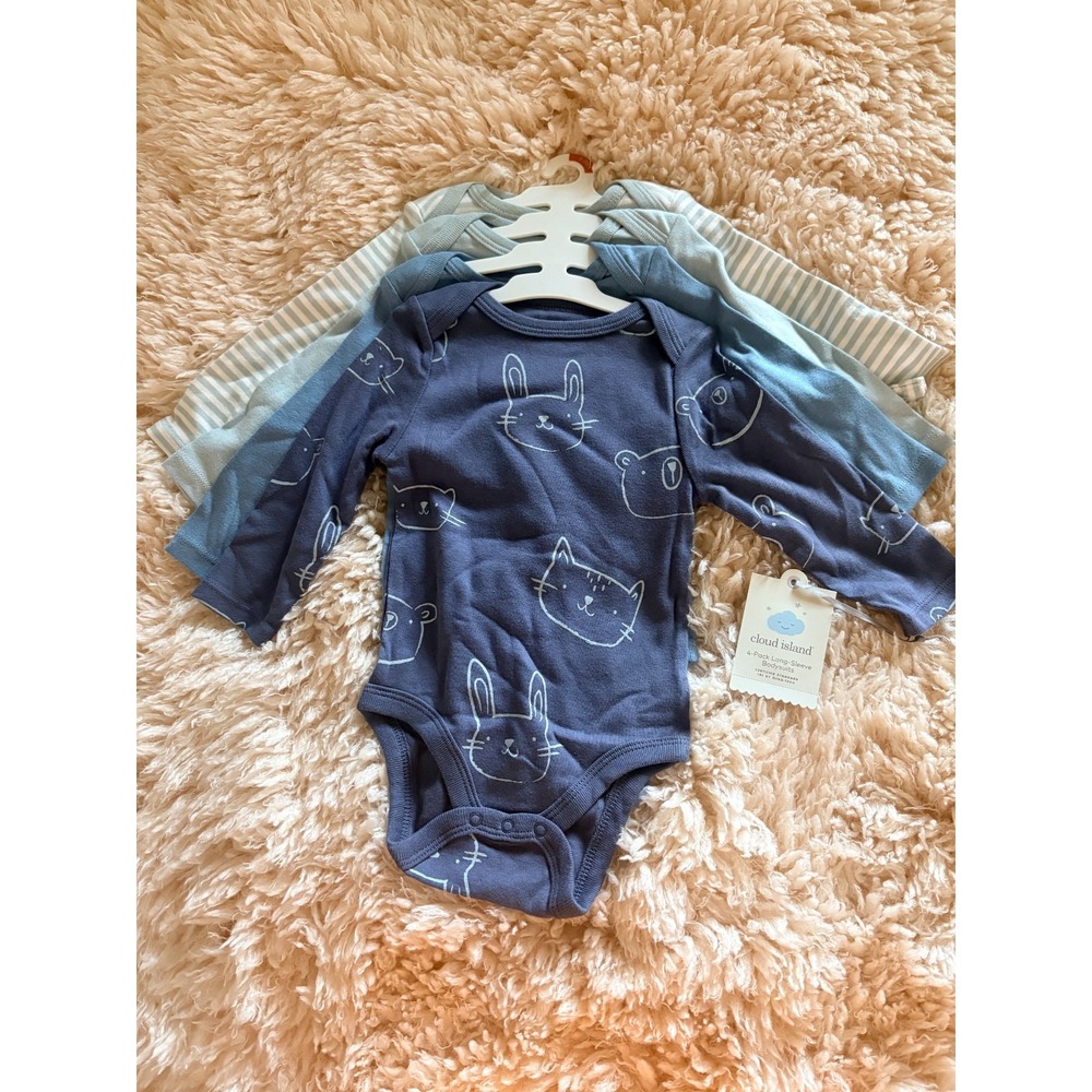 Cloud Island Baby's 4 Pack Long Sleeve Bodysuits EH6 Blue Size 6-9M NWT